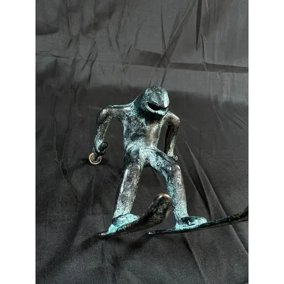 VTG Whimsical Solid Brass Frog Sculpture Figurine, Ski figurine, Ski lodge decor